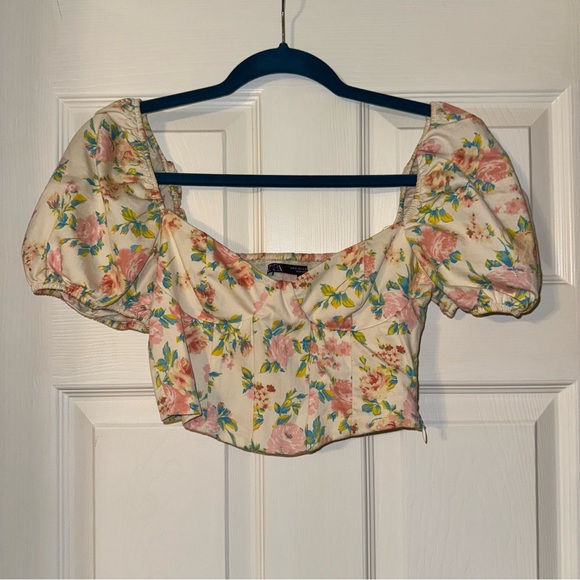 Zara Puff Sleeve Floral Crop Corset Top - Picture 2 of 3